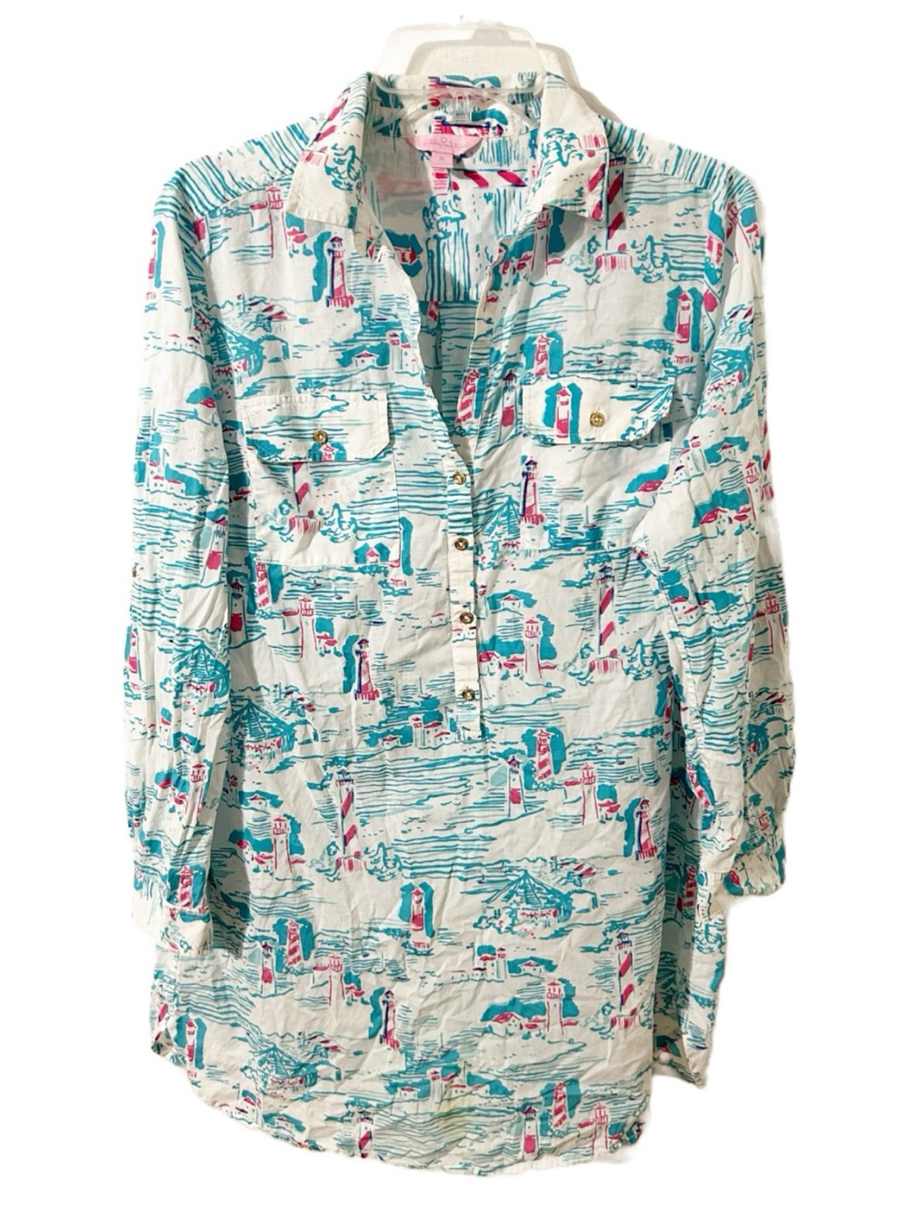 Lilly Pulitzer Lighthouse Print 💯 Cotton Coastal Button-Down Shirt Size Medium